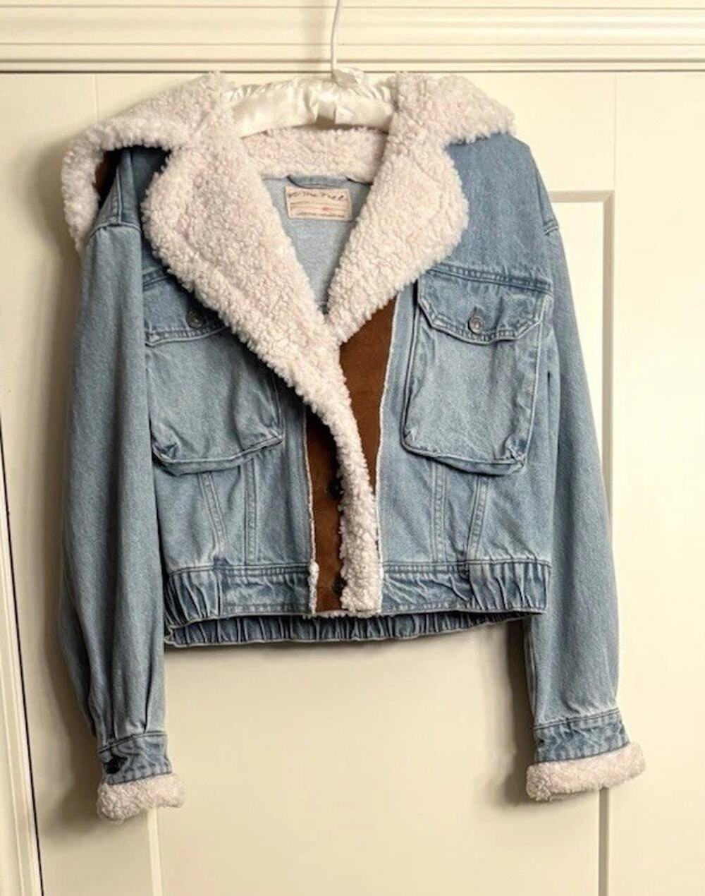 We The Free Sz XS Perry Denim/Sherpa/Faux Suede Hooded Jacket Blue